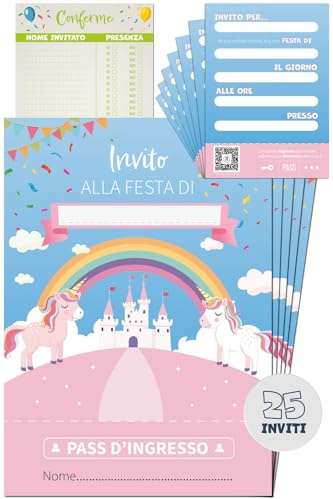 RAFTOM 25 Inviti Compleanno Bambina a Tema Unicorno Made in Italy - Biglietti Invito Feste Compleanno Bambini in Cartoncino Resistente