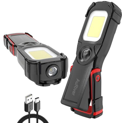 AuRiver LED Arbeitsleuchte Taschenlampe, Werkstattlampe LED, Akku-Betrieben Inspektionslampe mit Magnetfuß und Powerbank, 3 Lichtmodi 180° Drehung Lampe für Autoreparatur Camping Notfall (Schwarz/R)