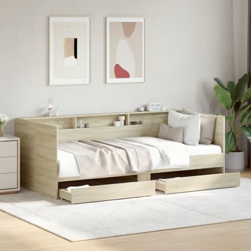 MOBCANT Tagesbett mit Schubladen ohne Matratze, Doppelbett Polsterbett Futonbett Bettrahmen Geeignet für Gästezimmer Hotel Schulen Wohnungen Sonoma-Eiche 90x200 cm