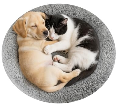 Enjoying Plush Cat Bed Mat Diameter 19.5 Round Pad with Pillow Around for Cats Dogs Relying/Curling Sleep Warm Dog Cushion for Crates, Antiskid Bottom, Large, Gray