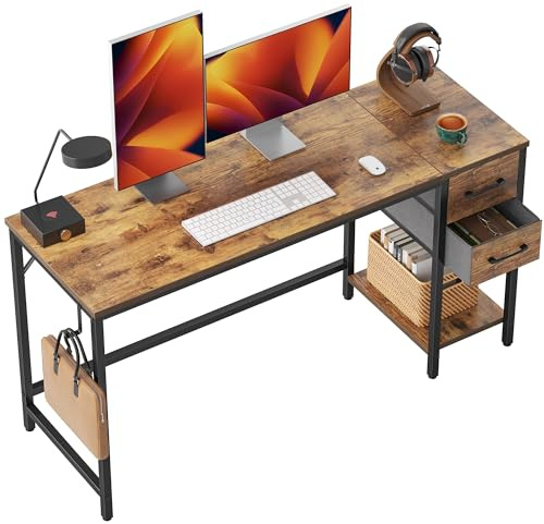 CubiCubi Computer Desk with 2 Drawers, 120 x 50 cm Reversible Office Desk, Industrial Style Gaming Desk for Study, Bedroom, Living Room, Rustic Brown