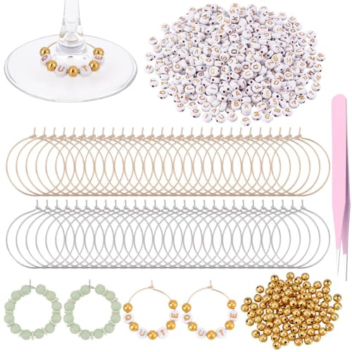 NBEADS DIY Beads Making Kit, 7x4mm White DIY Wine Glass Charms Glass Marker Tag for Wedding Cocktail Bachelorette Party Decoration, Hole: 1.8mm
