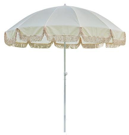 BBERHFNFZK Große Terrassenschirm Leichter Sonnenschirm Neigbar Gartenschirm Weiße Strandschirm Rund Boho Balkonschirm Sonnenschutz UV 50+