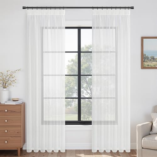 Topfinel Gardinen Weiß Transparent Vorhänge Vorhang übergardinen mit kräuselband Vorhangschals Ösenvorhang Deko Kinderzimmer Schlafzimme 140x225cm Schlaufenschal 2er Set