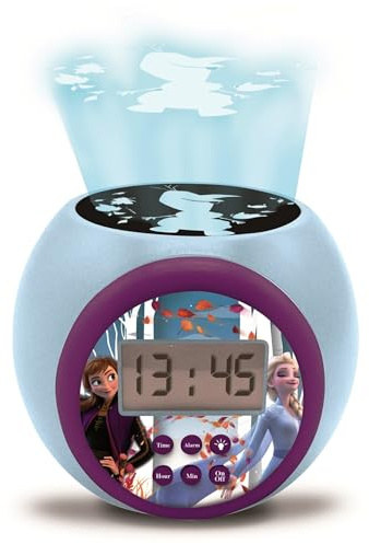 Lexibook - Disney La Reine des Neiges Réveil projecteur Anna Elsa avec Fonction Alarme et répétition Snooze, veilleuse avec minuterie, écran LCD, à Piles, Bleu/Violet, RL977FZLXB