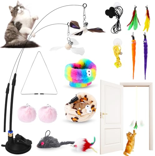 Nixovo Interieur Jouets pour Chats avec Ventouse, Jouets pour Chat Intérieur, Clochettes Plume Jouet Chaton, Jouet Intelligence Chat Baguette, Remplaçable, Amovible
