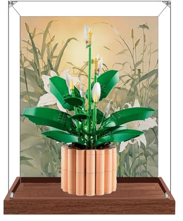 Transparent Acrylic Display Case for Lego 11504 Peace Lily Model, Clear Box, Storage Box, Dustproof Box (Model not Included) (Brown Base+Background)