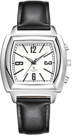 TIMEURE-2109 Sprechende Funk-Armbanduhr mit leuchtenden Zeigern | Quadratisches Zifferblatt mit Analoganzeige. Uhr- und Datumsansage. Automatische Zeiteinstellung, Alarm und Stundenschlag.