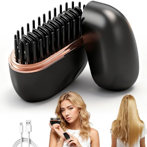 Mini Glätteisen Kabellos, 2 in 1 Wiederaufladbare Haarglätter Bürste, Hair Straightener Brush mit 3 Temperaturstufen und Aufheizen in 30s, Tragbare Glättbürste für Glatte Haare Locken, Schwarz