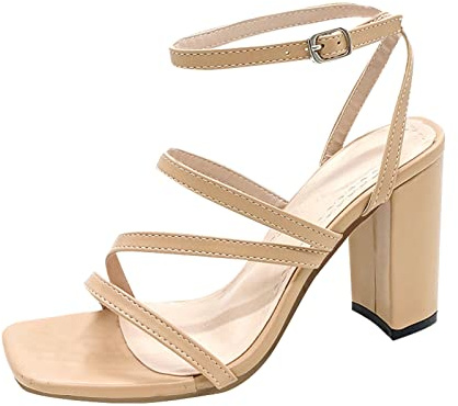 Damsandaler med klack, elegant blockklack, remsandaler, damer, sommar, klackskor, öppen tå, andas, kvällsskor, bekväma sandaletter, fiskmun, festsandaler, fashionabla fritidssandaler, Beige, 42 EU
