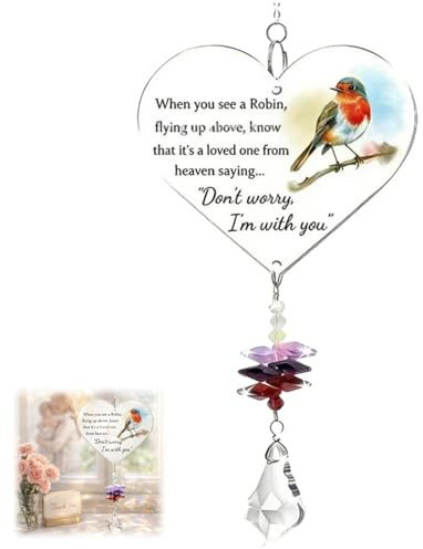 Robin Memorial Gifts,Warm Hanging Heart Plaque,Acrylic Sun Catcher with Poem for Garden & Windows,Outdoor Christmas Decorations & Ornament in Loving Memory,Garden Ornaments Outdoor,Robin Ornaments