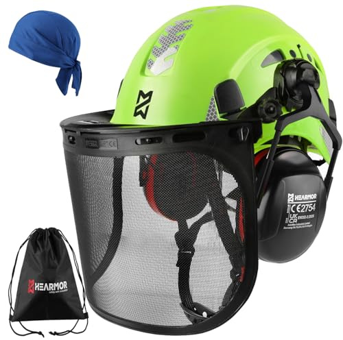 HEARMOR VOLTEK 5 en 1 - Casco de protección forestal con casco, orejeras, visera, gorro para el sudor y bolsa de transporte, antigolpes y ventilación cómoda, casco de ABS para trabajadores forestales