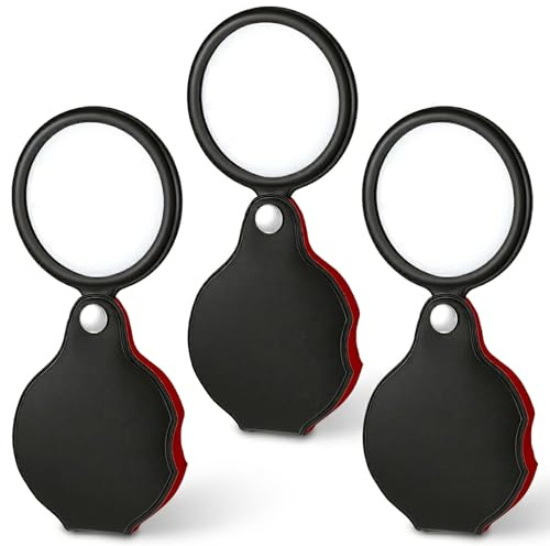 HJZHII 3Pcs Small Magnifying Glass for Kids and Seniors, Portable Pocket Magnifier 10X Mini Folding Magnifying Glasses with Rotating Protective Sheath for Reading Close Work Repairing Hobby Or Coins