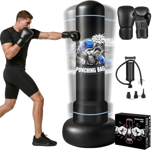 Boxsack Erwachsene 180cm, Qoosea Aufblasbarer Standboxsack mit Boxhandschuhen Pumpe, Stehender Boxsäck PVC für Erwachsene Teenager, Ideal Box Sack für Karate, Kickboxen, Taekwondo, MMA