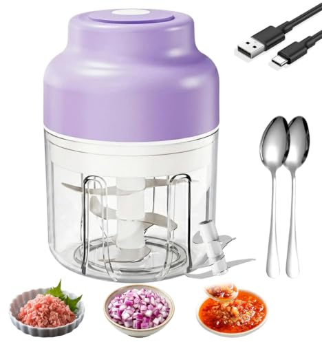 Picadora eléctrica de ajo, 350 ml, inalámbrica, con tapa, 6 cuchillas de acero inoxidable. Mini procesador de alimentos para cebolla, chile, jengibre, frutos secos, carne y frutas (Purple,6 Blade)