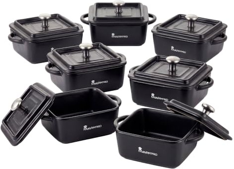 MasterPro Cook & Share - Mini Cocotte Cuadrada con Tapa de 13.5 x 10.6 x 4.5/6.5 cm, Ideal para Compartir, Gres con Interior y Exterior Esmaltado en Negro, Apta para Lavavajillas y Horno, Juego de 6