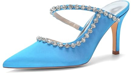 ZhiQin Mules De Mariée en Satin Blanc avec Strass pour Femme Talon Chat 6cm Bout Pointu pour Mariée Demoiselle d'honneur Cocktail Bal