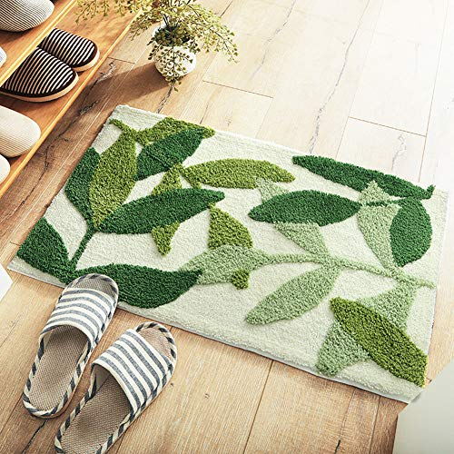 Morbuy Non-Slip Bath Mat, 50 x 80 cm Green Leaf Bathroom Floor Mat Super Soft and Water Absorbent, Machine Washable Microfiber Bathroom Rug for Shower, Bedroom, Kitchen, Doorway