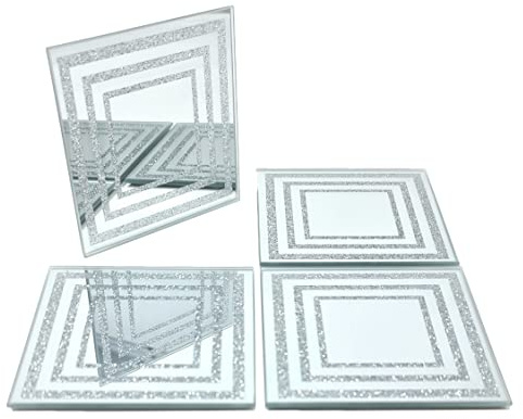 Set of 4 Glass Sparkly Silver Square Glitter Design Mirrored Tea Coffee Coasters