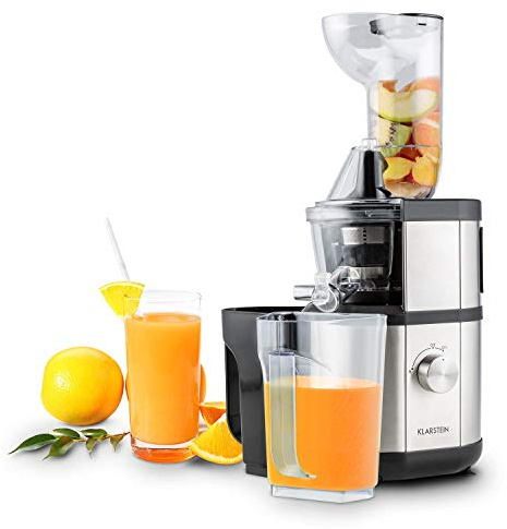 Klarstein Fruitberry, Extractor de zumos, prensa vertical, microtamiz inox extrafino, Slow Juicer, 400 W, 60 rpm, sin BPA, incl. dos recipientes, tubo de llenado de 8,5 cm, silencioso, plata