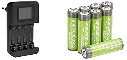Amazon Basics - Batterie AA ricaricabili, ad alta capacità, pre-caricate, confezione da 8 (l’aspetto potrebbe variare dall’immagine) & Caricabatteria digitale intelligente, per 4 batterie AA, AAA