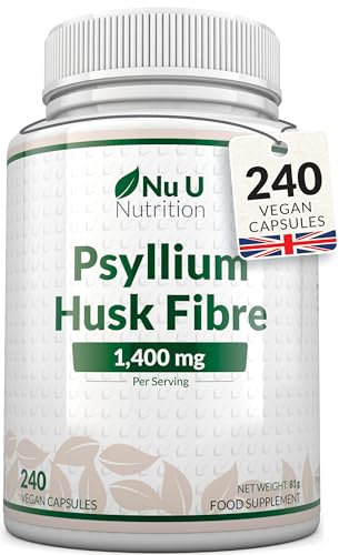 Psyllium Husk Fibre Supplement - 1400mg per Serving - 240 Vegan Capsules - Natural Soluble Prebiotic Fiber from Plantago Ovata Seeds - Made in The UK - Nu U Nutrition