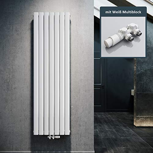 ELEGANT Design Heizkörper Flach 1800x539mm mit Weiß Multiblock Thermostat Flachheizkörper Weiß Doppellagig Vertikal Heizkörper Mittelanschluss