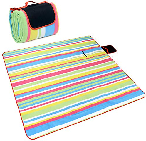 Dick Fleece Picknickdecke Extra Groß 200 X 200 Cm Stranddecke Matte Wasserdicht Sanddicht Tragbar Faltbar Leicht Weiches Vlies Teppich Thermo Isoliert Zum Camping Wandern Reise (Mehrfarbenstreifen)