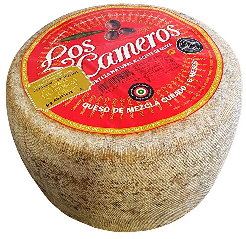 Queso Mezcla Curado Los Cameros - Queso Curado Etiqueta Roja Los Cameros - Peso Aproximado 3.4 Kilos - Elaborado con una sabia combinación de leches de vaca, oveja y cabra