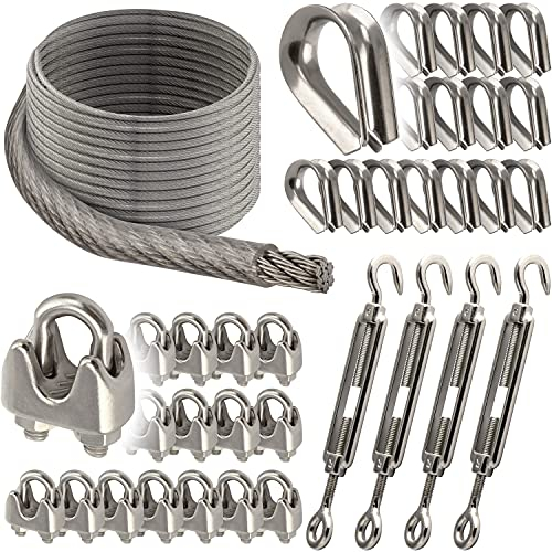 OPIOL QUALITY® 30m Drahtseil Transparent ummantelt 5mm, 16x Drahtseilklemme ähnl. DIN 741 5mm, 16x Kausche 5mm ähnl. DIN 6899, 4x Spannschloss Auge/Haken M8 Sonnensegel Set Edelstahl A4 Hanging Kit
