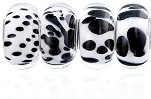 Bling Jewelry Gemischter Satz Von 4 Bündel .925 Sterling Silber Kern Transluzent Schattierungen Von Weiß Schwarz Tier Spots Murano Glas Charme Bead Spacer Fits European Armband Für Frauen Teen