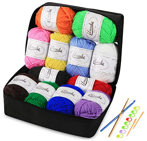 ilauke Strickwolle aus Acryl, Wolle zum Häkeln 12 x 50g, Set aus Superweichem Acrylgarn für Handweben, Häkelgarn mit 2 Haken, 2 Nadeln, 8 Nadelmarker und Aufbewahrungstasche wiederverwendbar