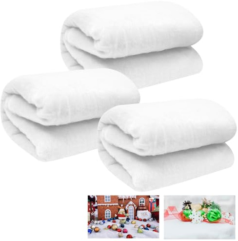 Hlimior 3 Pack 3 x 8 Ft Christmas Snow Blankets, Artificial Cotton Snow Blanket, White Thickened Cotton Rolls Winter Fluffy Fake Snow Sheet for Christmas Village Backdrop Decorations Party Display