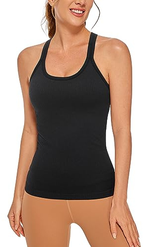 CRZ YOGA Racerback Yoga Tank Top vadderad utan remmar Sporttopp Seamless Långa Tanktoppar Fitness Gym Toppar Svart L