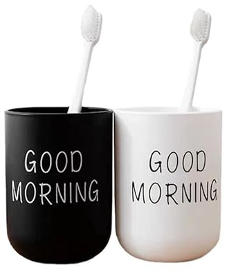 Toothbrush Holders 2pcs, Bathroom Mouthwash Cups, Japanese Drinking Cup 300ml, Water Mug, Plastic Pen Holder (Black & White)