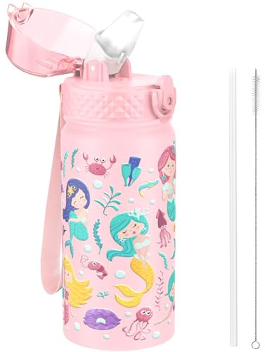 GOPPUS 420ml/14oz Botella Agua Aislada para Niños con Pajita Acero Inoxidable Doble pared Frasco Pequeño con Aislamiento al Vacío Acero a Prueba Fugas Frasco Bebida Doble pared Pequeños Termo sin BPA