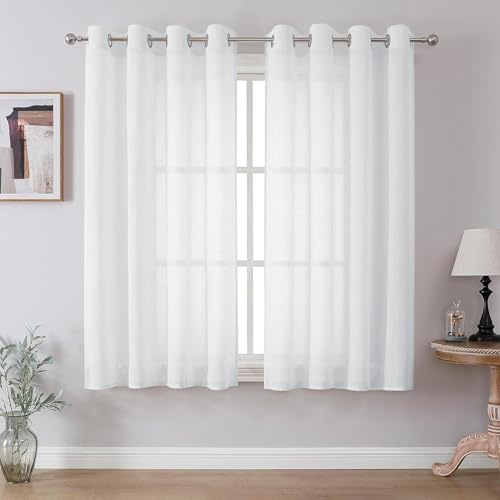 CUCRAF Leinenoptik Weiß Voile Vorhänge mit Ösen Halbtransparent Gardine für Schlafzimmer Wohnzimmer H145 x B140cm 2er Set,Weiß