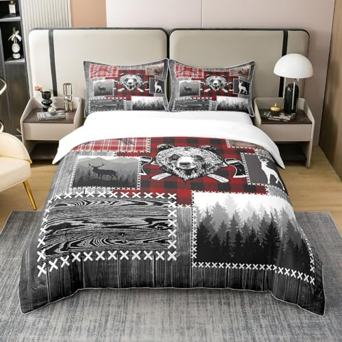 richhome Rustikales Bauernhaus 100% Bio-Baumwolle Bettbezug Set Red Plaid Weihnachten Hirsch Bär Tiere Tröster Cover Set Pfeil Jagd Retro Grau Bettwäsche Set 200x200