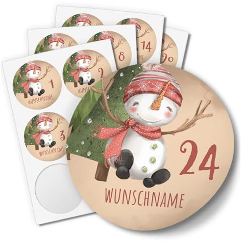 24 PERSONALISIERTE Adventskalender Etiketten mit Ihrem Wunsch-Namen und 1-24 Zahlen Schneemann 4cm niedlich Geschwister Bruder Schwester Name individuell