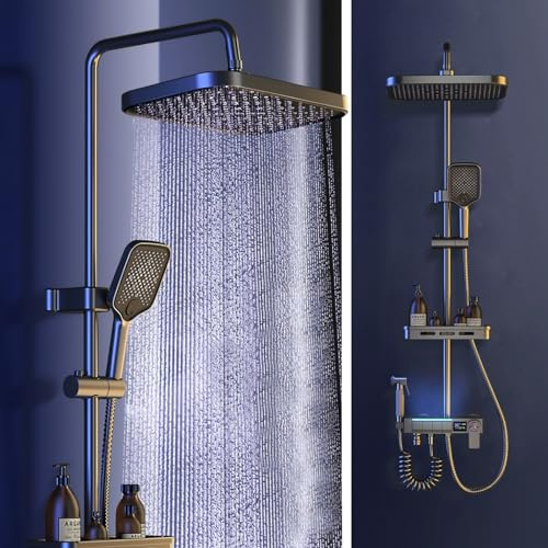 Sistema de ducha termostático gris pistola,Columna ducha termostatica Pared Columna con Stents Pantalla de temperatura,grifo de bañera,rociador de lluvia,bidé,de mano