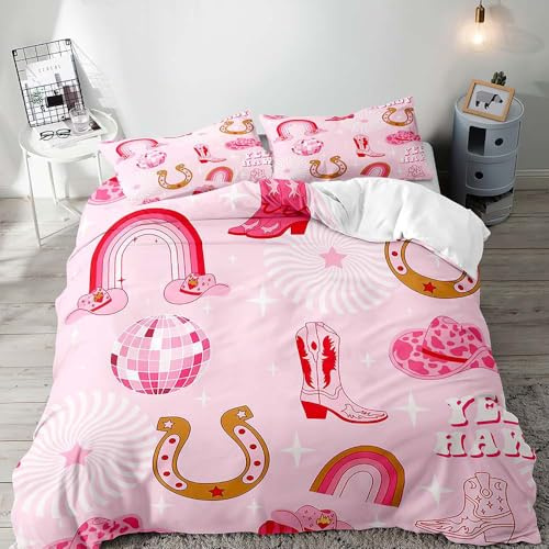 LUVIVIHOME 3PCS Disco Cowgirl Duvet Cover Full Bedding Set, Preppy Bedding, Teens Girls Bedding, Western Cowboy Cowgirl Boots Hat Horseshoe Howdy Rodeo Hot Pink Comforter Quilt Cover, 2 Pillow Shams