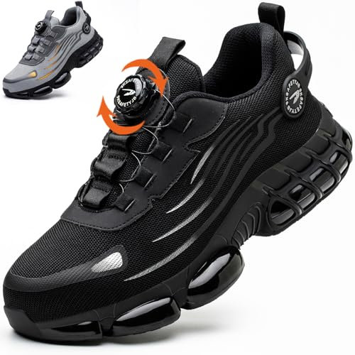 OBIDER Safety Trainers, Safety Shoes Men Women, Comfortable Lightweight Work Shoes, Upgraded Swivel Buckle Shoelaces, Non Slip Work Trainers with Air Cushion Black