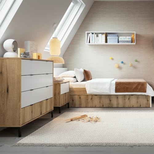 Lomadox Jugendzimmer Komplett Set 4-teilig mit Kommode, Nachttisch, Wandregal und Bett 90x200 cm in Eiche mit weiß