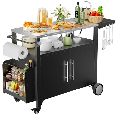 ROOMTEC Outdoor Grill Cart with Storage,Patio Kitchen Island with WheelsHooks and Spice Rack,Waterproof Outdoor Grill Table,Movable BBQ Serving Cart Rolling Bar Cart for Home Party Bar
