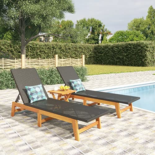 AJJHUUKI Home Items, Sonnenliegen, 2 Stück, schwarz und braun, Polyrattan und Akazienholz, Anzugmöbel