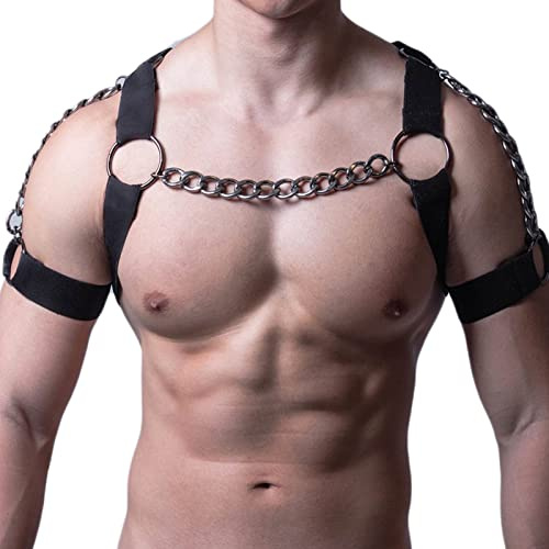 Sonew Verstellbarer Brustgurt für Herren, Bondage-Gürtel aus schwarzem PU im Punk-Stil mit Metallkette für Paare, Cosplay und Party