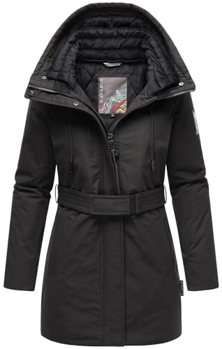 Navahoo Damen Winterjacke (S-3XL) - 4 Taschen, Taillierungsgürtel, hochstehender Kragen, Kapuze mit Fleecestoff im Inneren, Warme Jacke Frauen - N033 (M, Schwarz)