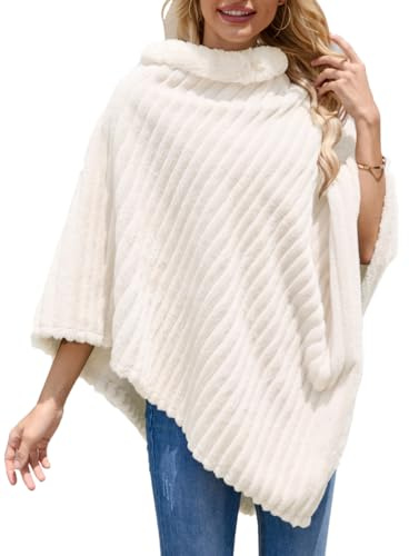 Ferand Damen Gemütlicher Gestreifter Poncho Pullover aus Kunstfell, Weicher Flauschiger Schal für den Winter, Weiß
