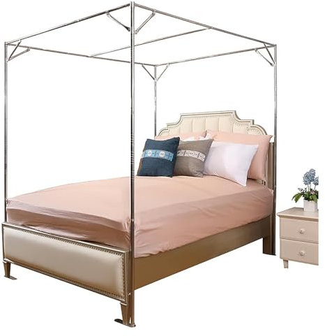 Bettrahmen aus Edelstahl mit dickem Netz für Doppelbett/Queen-Size-Bett, 4-Eck-Betthimmel, Pfostenrahmen für mehr Privatsphäre und Eleganz
