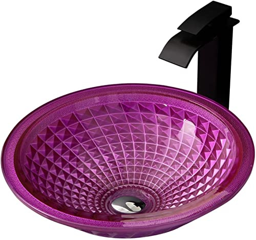 UMJIGF Countertop Sink Vanity Round Hand Wash Basin Washplace 12MM Thick Countertop Sink Wash Bowl with Waterfall Faucet, Pop Up Drain,Champagne,Pink Rosa